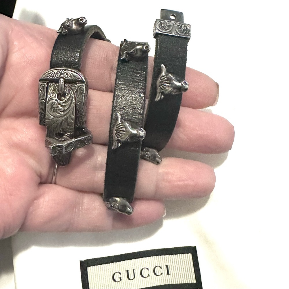 Gucci sterling silver anger forest bull head black leather choker/ double wrap - Picture 6 of 15